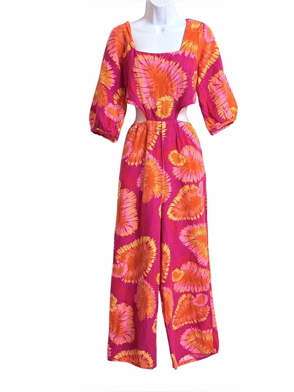 Farm Rio X Anthropologie Tie Back Cutout Boho Linen Blend Jumpsuit M Festival